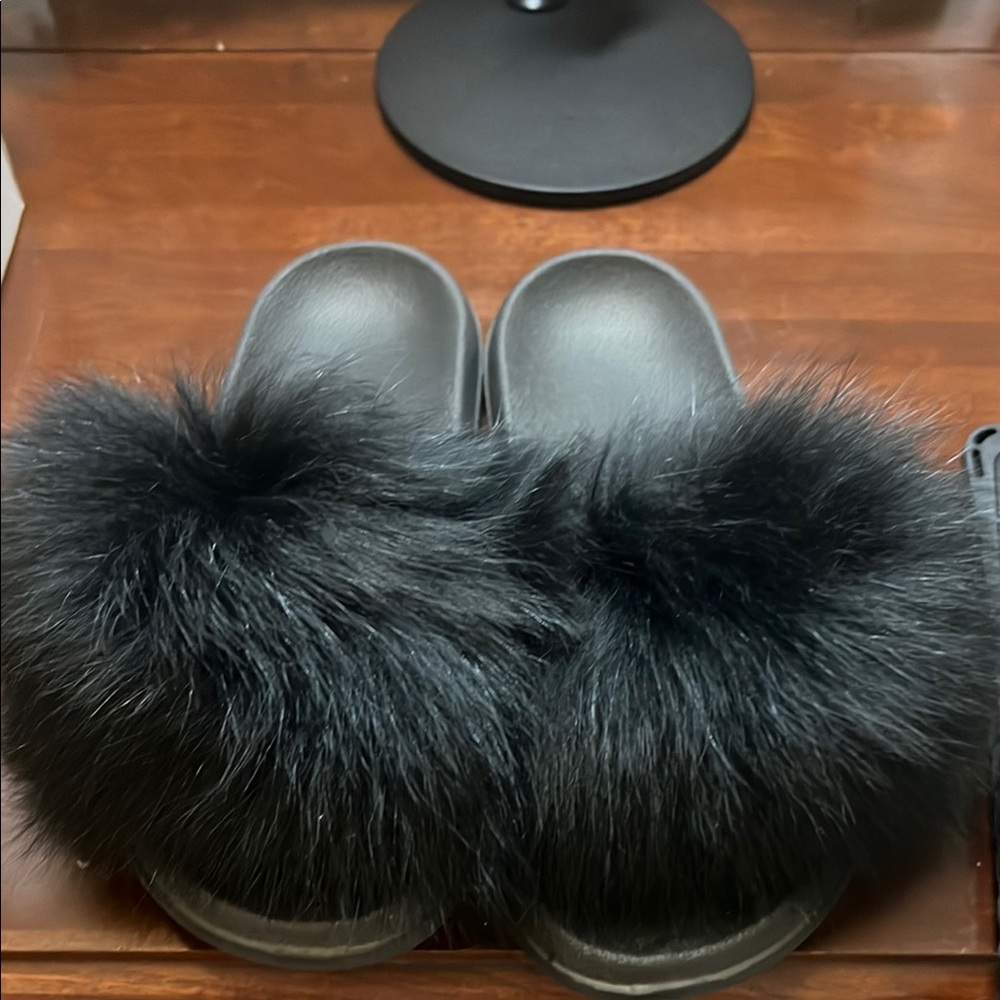 Black Furry Slide Sandals